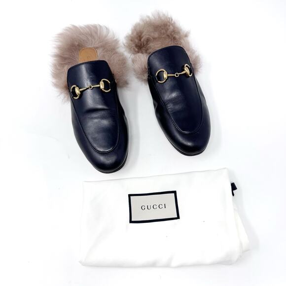 Gucci Shoes - GUCCI Princetown Black Leather Fur Lined Loafer Mule with Bronze Horse Bit 37